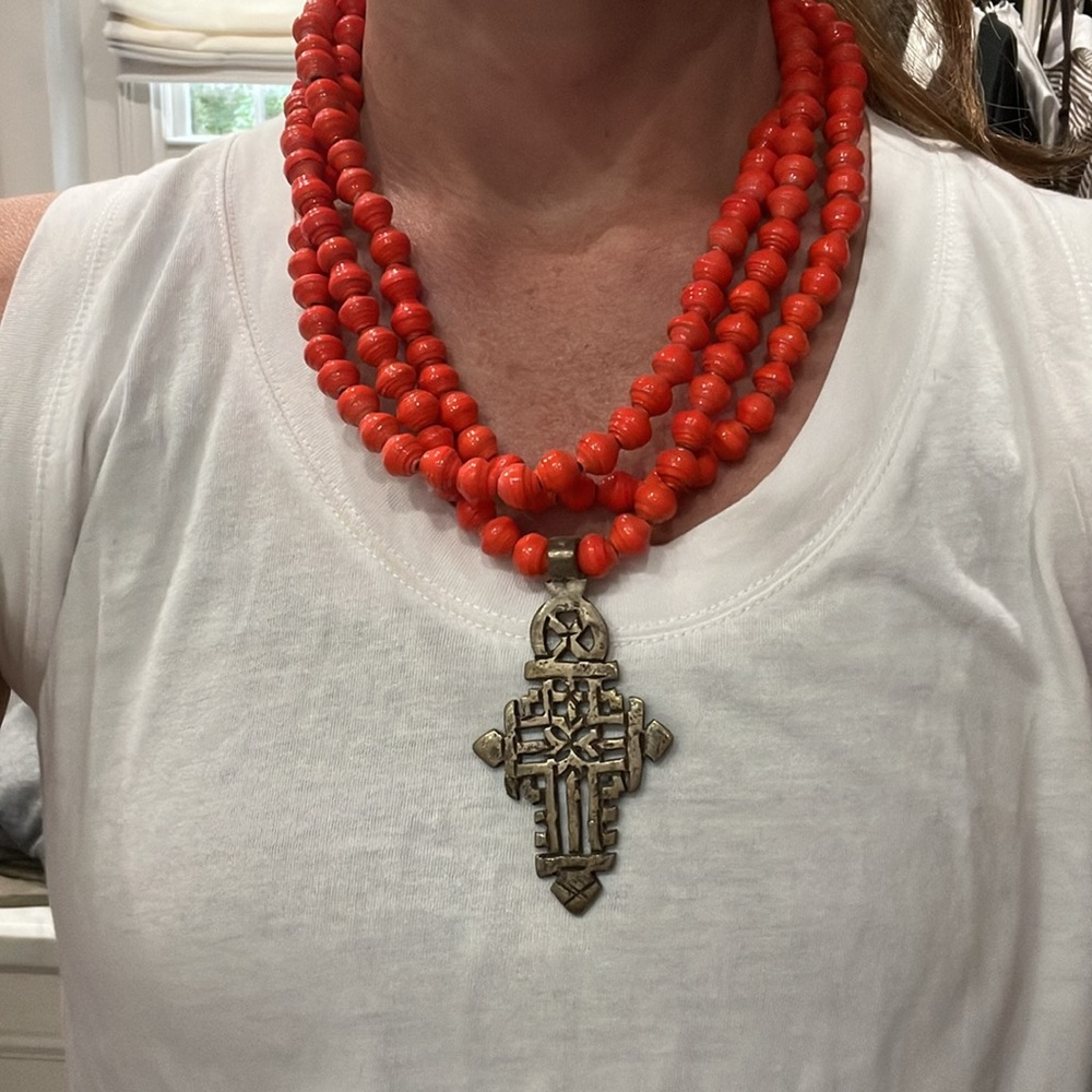 Wooden bead and cross necklace